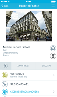 GeoBlue App Hospital Profile Screenshot